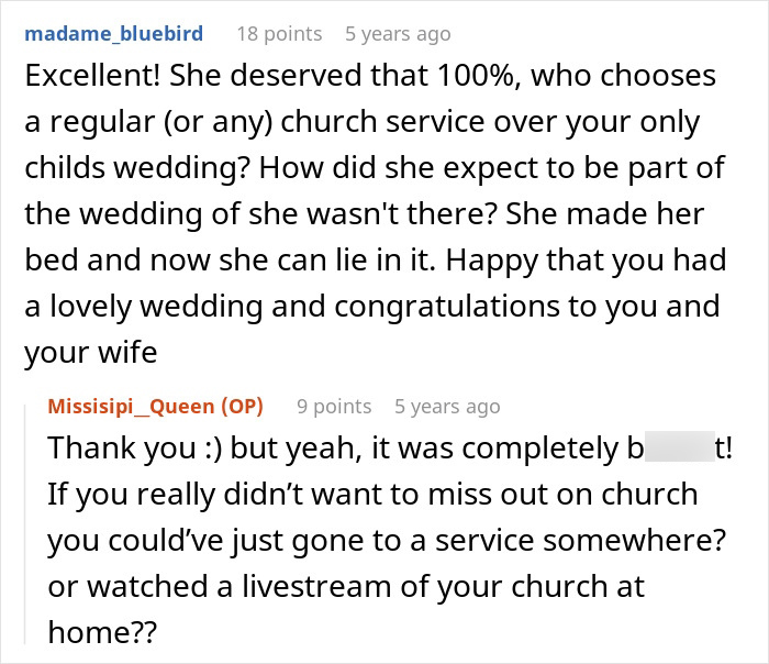 A screenshot of a Reddit comment expressing disbelief that a mother chose church over her child's wedding, resulting in no family photos.
