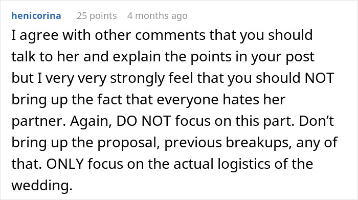 Comment advising communication focused on wedding logistics, not partner issues Comment advising communication focused on wedding logistics, not partner issues