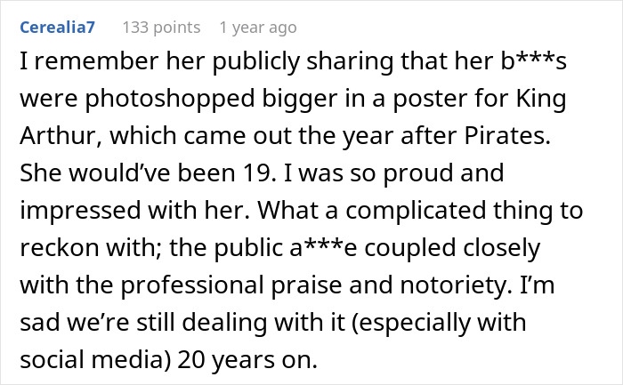 A comment detailing Keira Knightley's experience with a photoshopped poster, reflecting on therapy. A comment detailing Keira Knightley's experience with a photoshopped poster, reflecting on therapy.