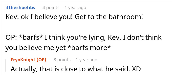 A comment section exchange about a kid faking a food issue and a boyfriend regretting testing it.