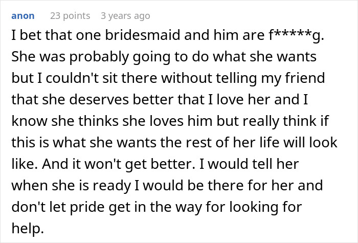 A comment suggesting the bride deserves better than a groom who makes the wedding all about him.