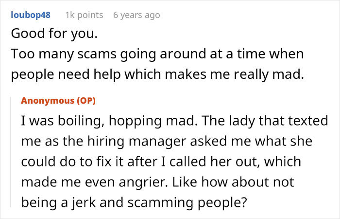 A Reddit comment describes a restaurant scam involving potential employees, expressing anger at the situation.