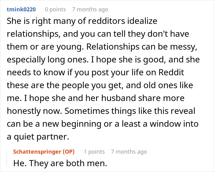 A Reddit comment from tmink0220 discussing relationships and the husband living a double life.
