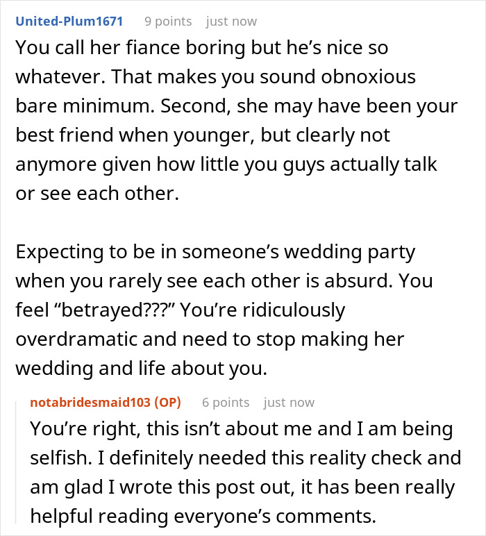 A screenshot of a Reddit comment section with a user named United-Plum1671 discussing a friendship ending after not being a bridesmaid.