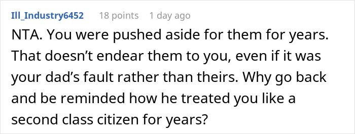 A comment supporting the daughter, stating she was pushed aside for stepkids and shouldn't act like family. A comment supporting the daughter, stating she was pushed aside for stepkids and shouldn't act like family.