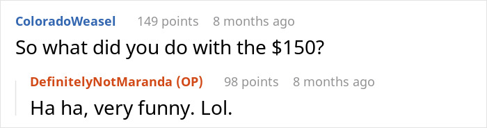 Screenshot of an online comment asking about the money after the ex was embarrassed.