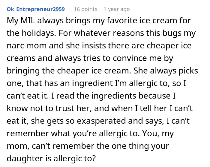 A screenshot of a Reddit comment detailing a mother-in-law trying to trick her daughter into eating allergenic food.