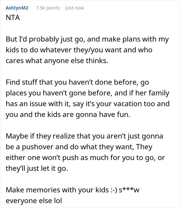 A screenshot of a comment suggesting a husband make new plans during a dreaded annual family trip with in-laws.