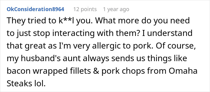 A comment relating to the mom tricking her daughter into eating gluten free food with a personal story about pork allergy.