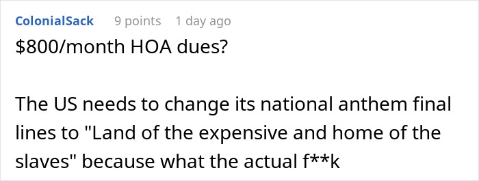 Criticism of high $800 month HOA dues and US anthem reference Criticism of high $800 month HOA dues and US anthem reference