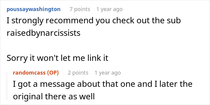 A Reddit comment recommends a subreddit to a woman told to leave home after refusing to follow one rule.