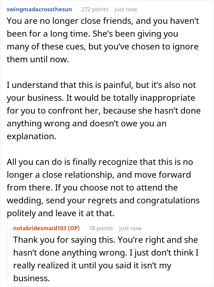 Screenshot of Reddit comments where a user acknowledges a friendship has run its course.