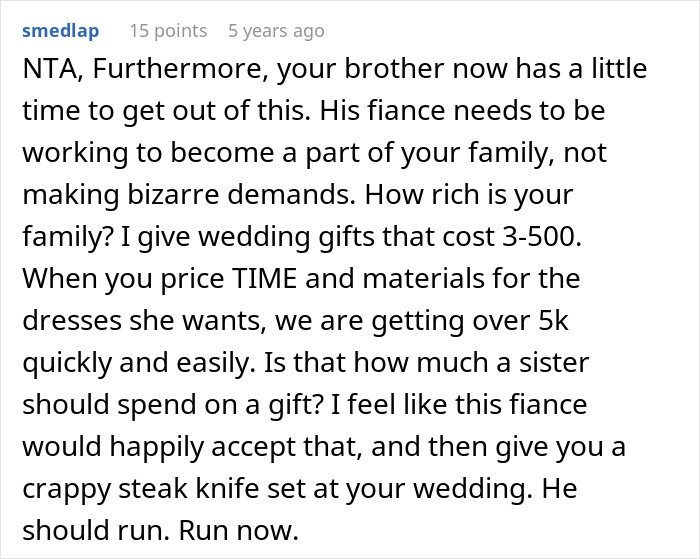 Comment highlighting unrealistic demands for wedding dress gift