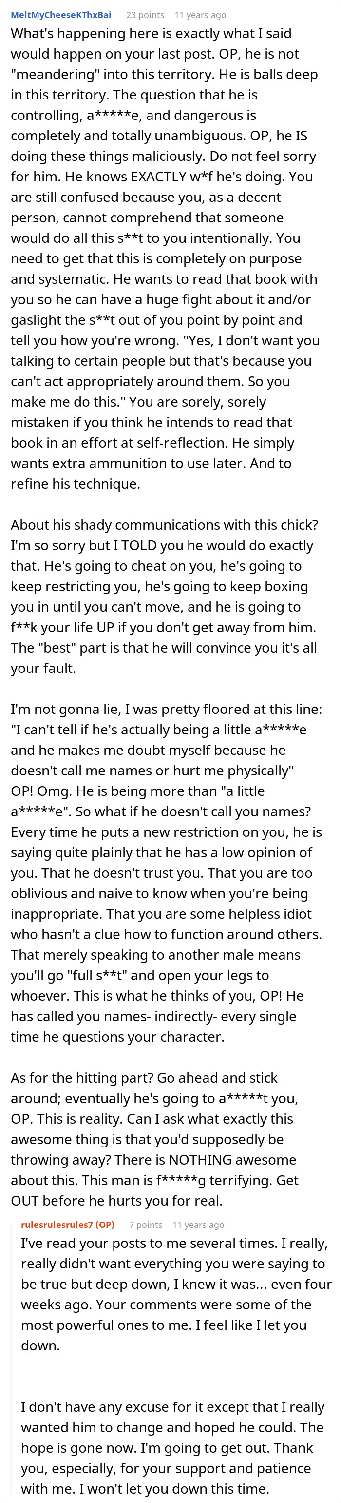 A screenshot of a Reddit thread discussing a toxic guy and his jealous, ridiculous rules for his girlfriend.