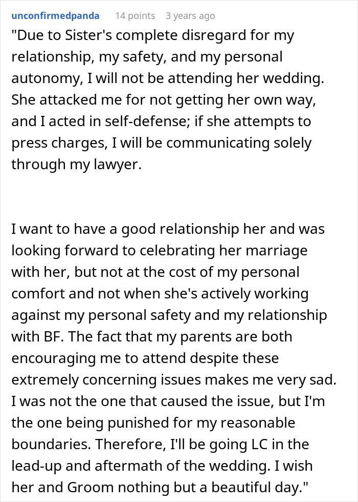 Comment about not attending sister's wedding due to safety concerns with BIL Comment about not attending sister's wedding due to safety concerns with BIL
