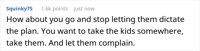 A screenshot of a comment advising a husband to dictate plans during a dreaded annual family trip with in-laws.