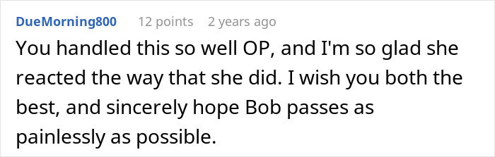 A comment on the husband's accident and marriage ending, acknowledging good handling of the situation.