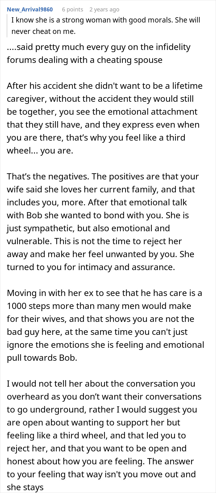 A lengthy Reddit comment discussing the complex emotional dynamics between a husband, his ex-wife, and her current husband after an accident.