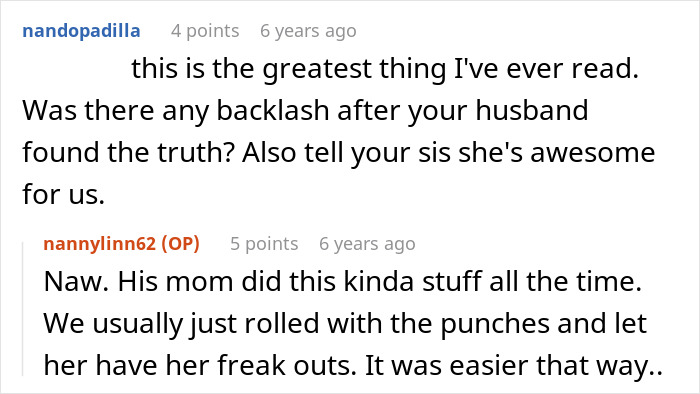 A screenshot of comments about the MIL and sister's absurd comeback, addressing the DIL's husband's reaction. A screenshot of comments about the MIL and sister's absurd comeback, addressing the DIL's husband's reaction.