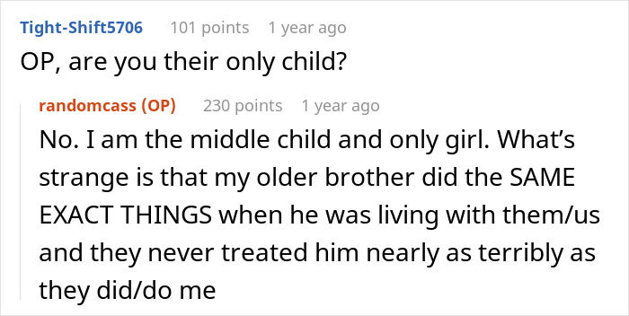 A woman is told to leave home after refusing to follow one rule. A Reddit comment asks if the woman is an only child.