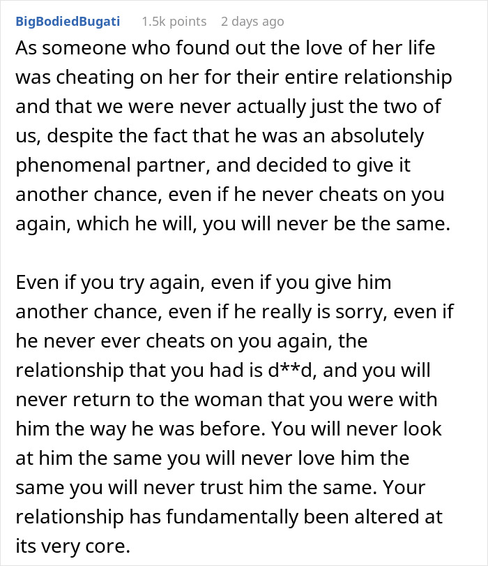 A detailed comment about a woman's suspicions over husband and the lasting impact of infidelity on trust. A detailed comment about a woman's suspicions over husband and the lasting impact of infidelity on trust.