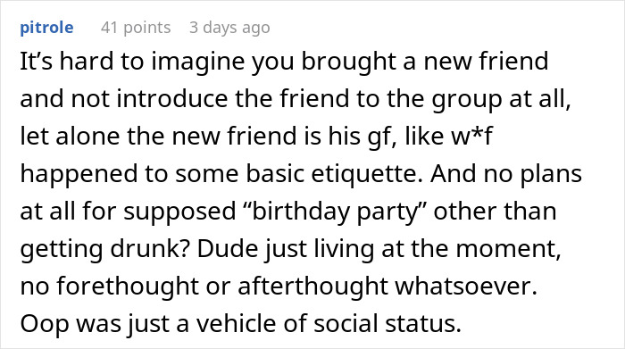 Reddit comment about a man's birthday bar crawl and his introverted GF not being introduced to friends. Reddit comment about a man's birthday bar crawl and his introverted GF not being introduced to friends.