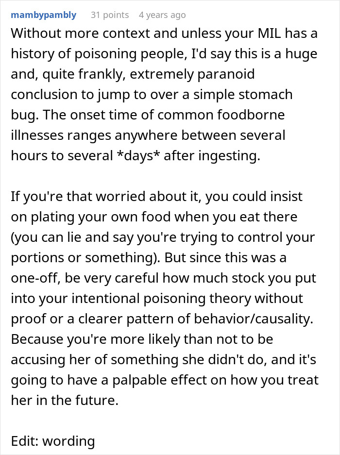 A Reddit comment discusses the paranoia of MIL poisoning after getting violently sick, suggesting other causes like a stomach bug.