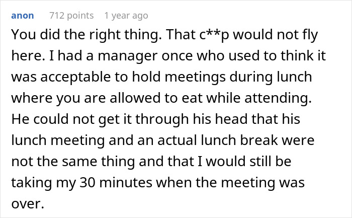 A new hire challenging a manager about lunch meetings versus actual lunch breaks, addressing management's illegal shenanigans.