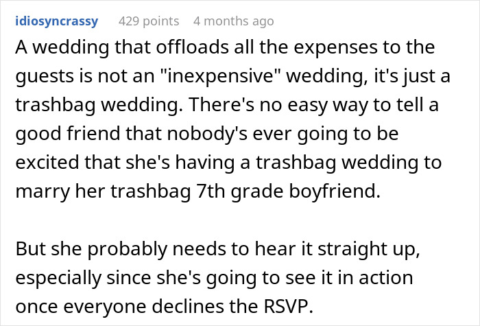 Comments criticizing expensive guest-paid wedding expenses and lack of excitement for wedding plans Comments criticizing expensive guest-paid wedding expenses and lack of excitement for wedding plans