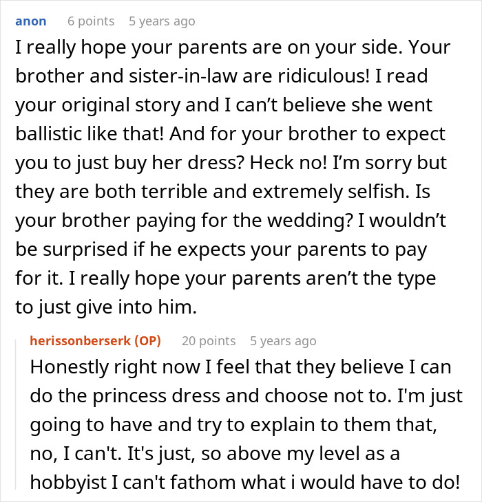 Discussion on selfish behavior of brother and SIL about wedding dress
