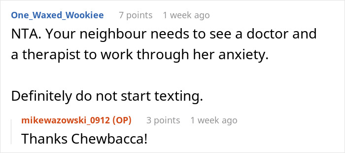 A Reddit thread comment suggesting the anxious neighbor needs professional help for her anxiety issues. A Reddit thread comment suggesting the anxious neighbor needs professional help for her anxiety issues.