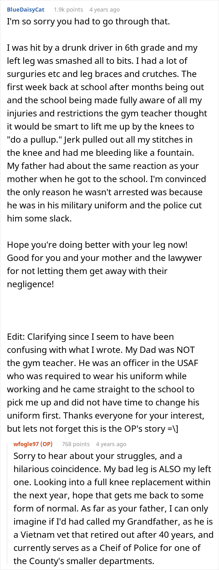 Reddit comments discussing a disabled teen's leg injury and the school's negligence regarding elevator access.