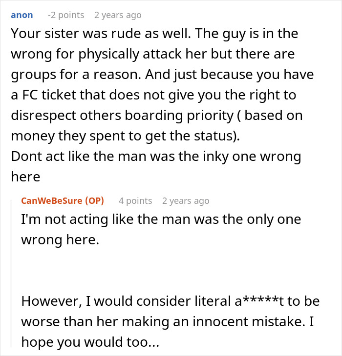 A screenshot of a Reddit comment section, discussing a physical altercation at the airport, with a user implying both parties were wrong. A screenshot of a Reddit comment section, discussing a physical altercation at the airport, with a user implying both parties were wrong.