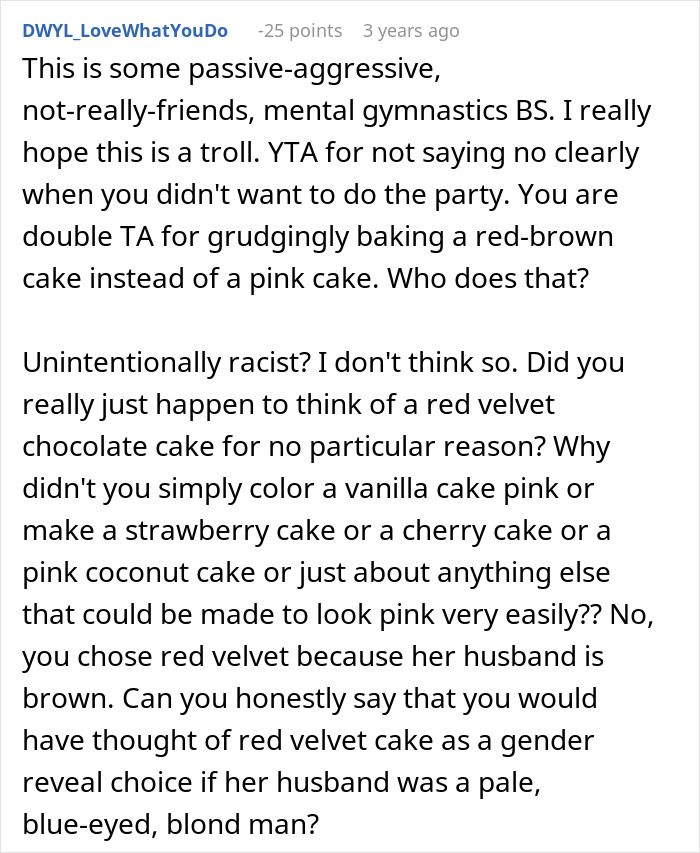 Comment accusing red velvet cake choice of passive-aggressive behavior in gender reveal Comment accusing red velvet cake choice of passive-aggressive behavior in gender reveal