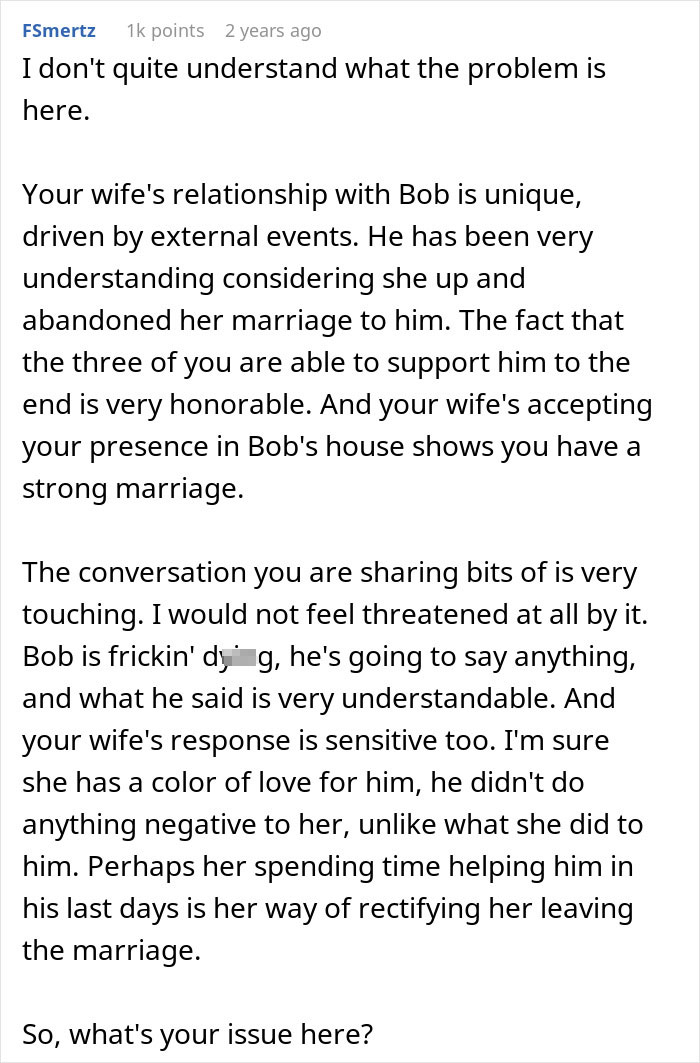 A screenshot showing advice for a husband after his accident, with his ex-wife remaining by his side.