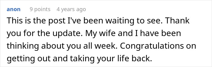 A comment congratulating someone on getting out of a bad relationship and taking their life back, realizing the fiancée is the problem. A comment congratulating someone on getting out of a bad relationship and taking their life back, realizing the fiancée is the problem.