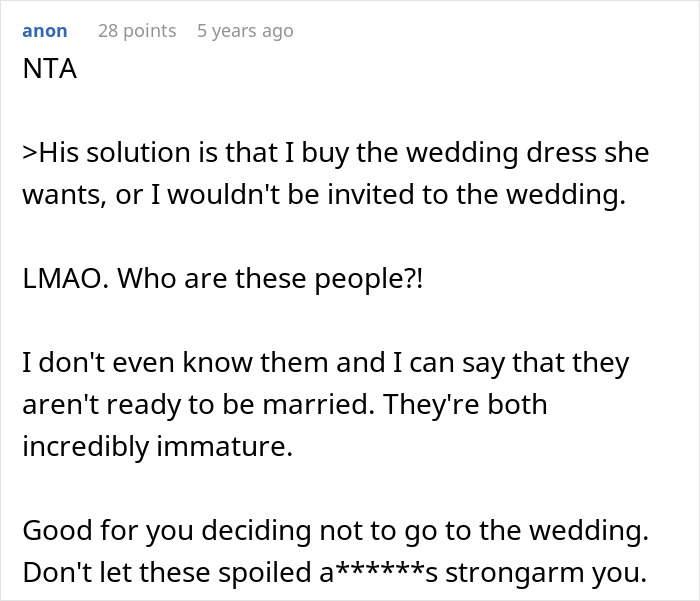Comment calls future SIL and brother immature over wedding dress demand