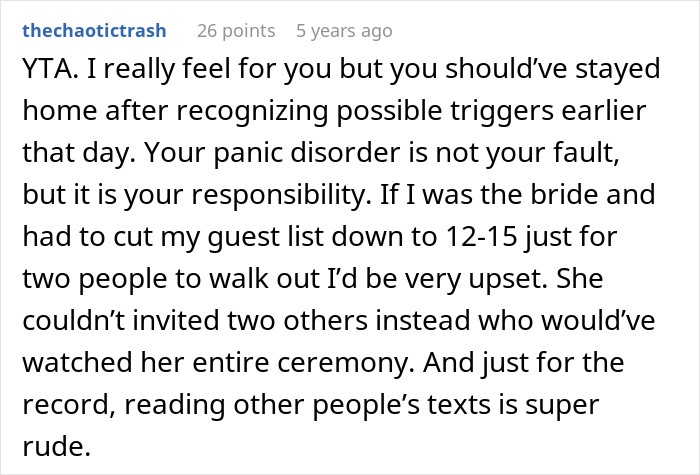 Comment expressing sympathy but blaming man for panic attack at wedding Comment expressing sympathy but blaming man for panic attack at wedding