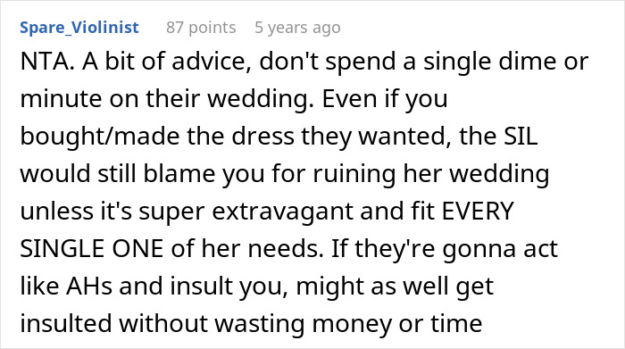 Advice against spending money on SIL's extravagant wedding dress
