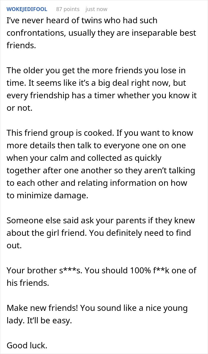Woman Finds Out Friends Hid A Secret About Her Twin Brother, Realizes She Was The Only One Left Out