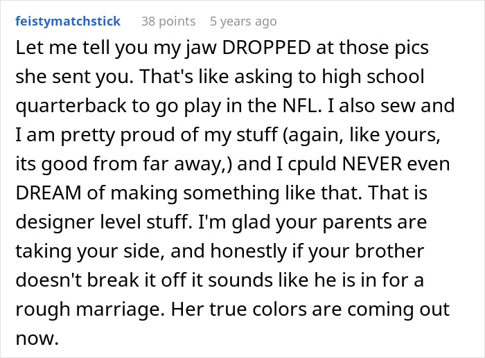 Woman receives a challenging request from sister-in-law for a detailed wedding dress
