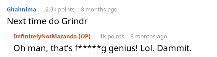 Screenshot of online comments suggesting an alternative dating app for the ex as a joke.