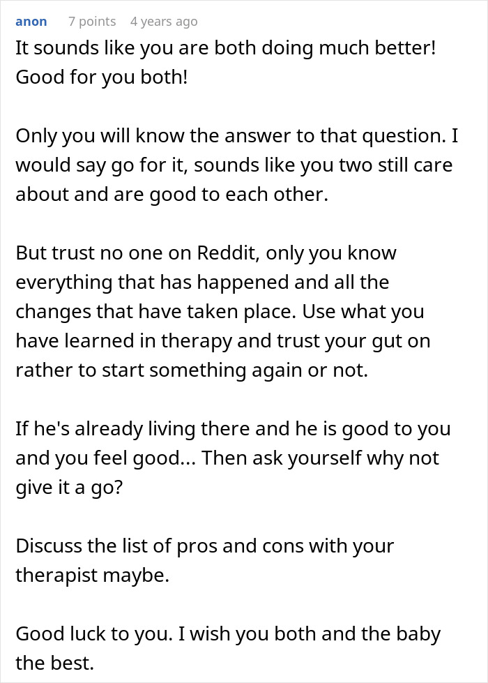 A comment about a pregnant woman asking for divorce after husband grieves ex, recommending going for it. A comment about a pregnant woman asking for divorce after husband grieves ex, recommending going for it.