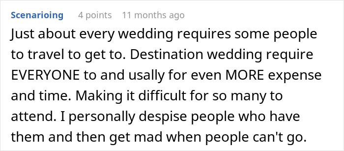 Comment on the expense and difficulty of attending destination weddings