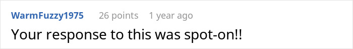 A comment praising the bride's response to her MIL wearing white at the son's wedding.