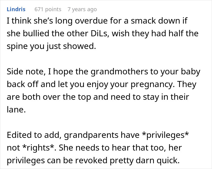 A comment supporting the pregnant DIL, suggesting her MIL should not have final say and should stay in her lane.