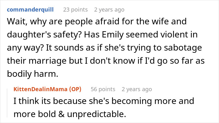 A comment about a creepy friend sabotaging a marriage and the wife's safety.