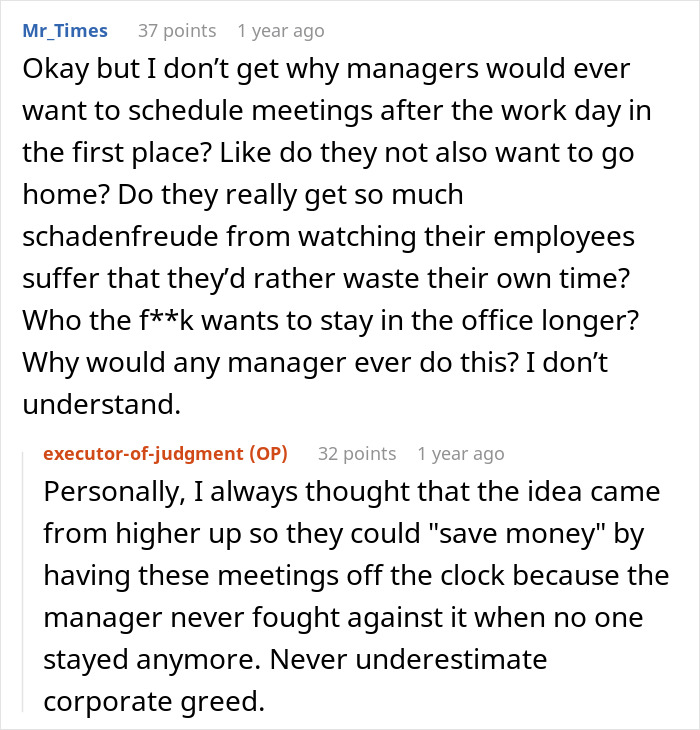 A comment section discussing managers scheduling meetings after work, relating to illegal shenanigans management.