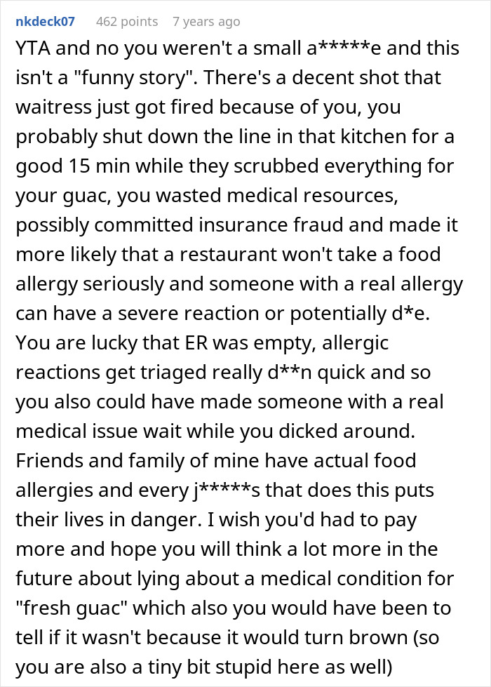 A Reddit comment detailing the serious consequences of lying about a food allergy, including wasted medical resources and danger to those with actual allergies.