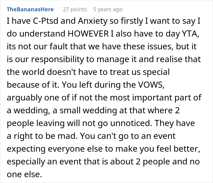 Comment explaining personal anxiety but holds man responsible for leaving vows at wedding Comment explaining personal anxiety but holds man responsible for leaving vows at wedding
